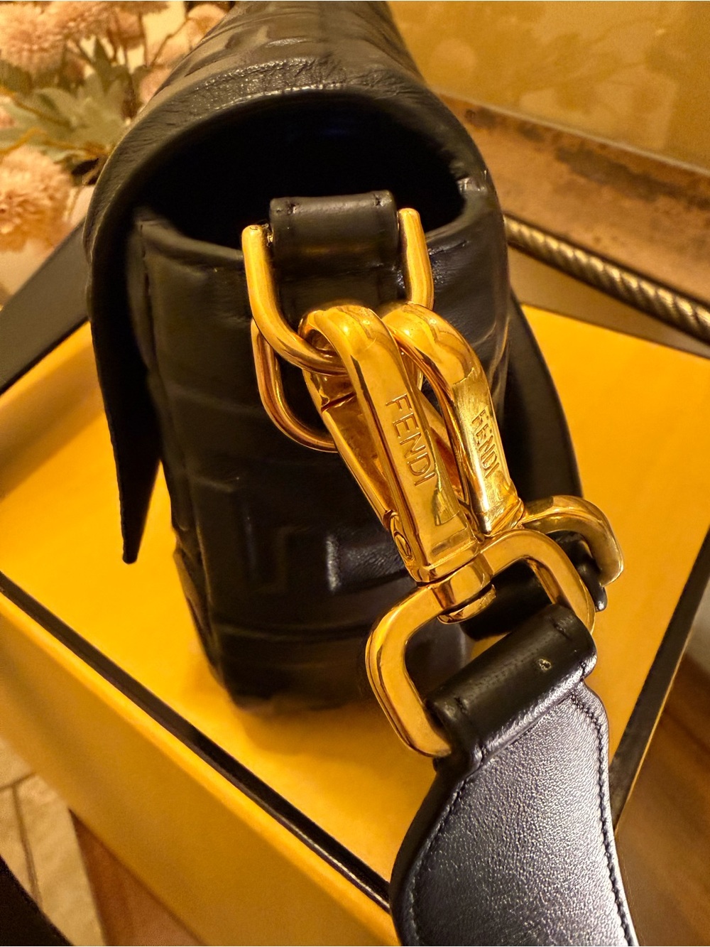 Fendi Black Embossed Leather Baguette Shoulder Bag medium size - Picture 7 of 16